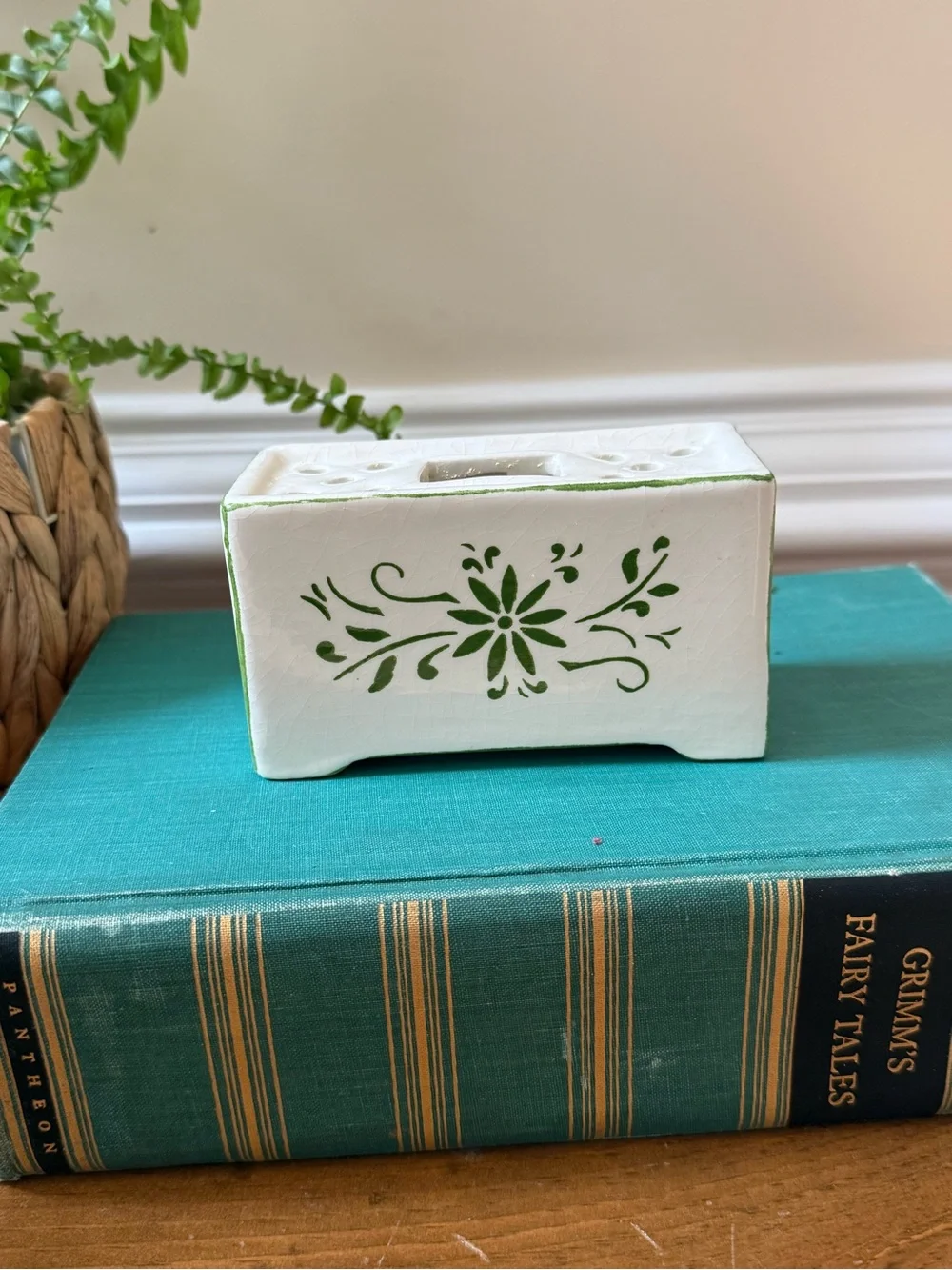 Antique Vintage Hand-Painted Ceramic Floral Frog in White and Green